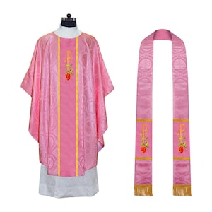 Traditional Pink Gothic Chasuble with Embroidered Motif and Stole
