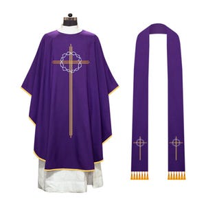 Traditional Lent Chasuble with Cross & Crown of Thorns – Purple Church Vestment – Priest Robe – Lenten Collection Liturgical Garment