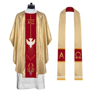 Intricate Gothic Chasuble Highlighting Crown, Holy Spirit, and Grapes