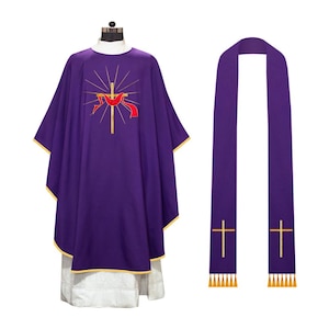 Traditional Lenten Chasuble with Embroidered Cross Design - Church Vestment