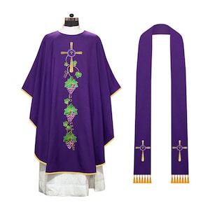 Liturgical Lenten Gothic Chasuble with Spiritual Cross and Grapes Cluster embroidery