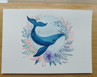 Watercolour painting ART original, whale cute watercolour painting, ocean painting , pet painting, whale portrait, blue