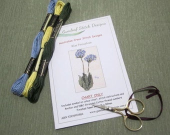 Australian flora cross stitch chart - Blue Pincushion.  PDF instant download