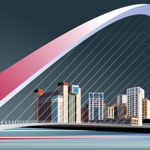 May include: A white and pink arch bridge with a grey background. The bridge is over a body of water and there are buildings in the background.