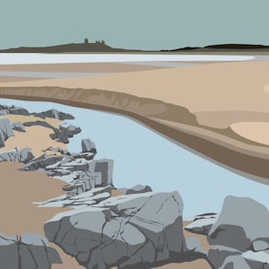 A3 LTD EDITION PRINT. Northumberland Coast Minimal contemporary archival art print, rail inspired modernist design To Dunstanburgh Castle image 1