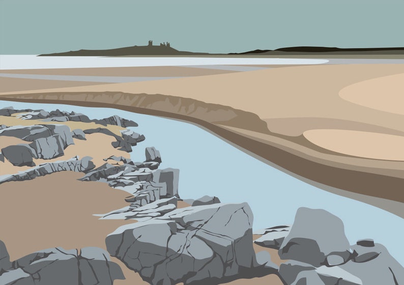 A3 LTD EDITION PRINT. Northumberland Coast Minimal contemporary archival art print, rail inspired modernist design To Dunstanburgh Castle image 1