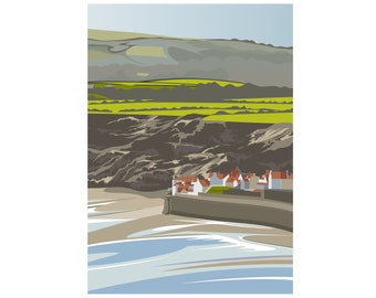 ROBIN HOODS BAY from Rocket Post Field – (portrait) - limited Edition contemporary archival art print - By Ian Mitchell