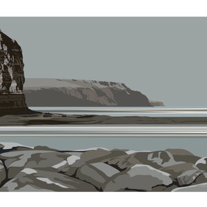 Könnte beinhalten: Eine digitale Illustration eines felsigen Strandes mit einer Klippe im Hintergrund. Der Himmel ist hellgrau und das Wasser ist hellblau. Die Felsen sind dunkelgrau.