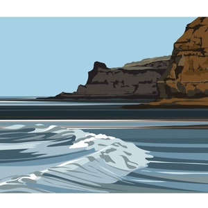 Könnte beinhalten: Eine digitale Illustration einer Meereslandschaft mit einer Welle, die an einem Sandstrand vor einer felsigen Klippe bricht. Der Himmel ist hellblau, das Wasser ist hellblau und grau, und die Klippe ist braun und grau.