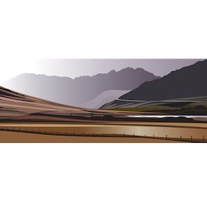 May include: A digital painting depicting a landscape with a brown field, a small lake, and a mountain range in the background. The sky is a light purple colour.