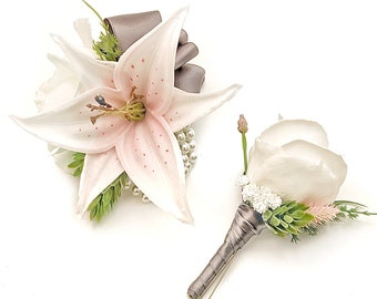 White Rose Blush Tiger Lily Hops Fern Pearl Wristlet Corsage Boutonniere Prom Set