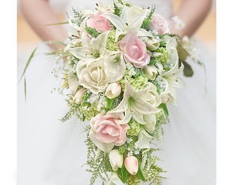 Real Touch Artificial White Ivory Calla Lily Rose Tulips Tiger Lily Hops Cascade Bridal Bridesmaids Wedding Bouquet Prom Centerpiece Flowers