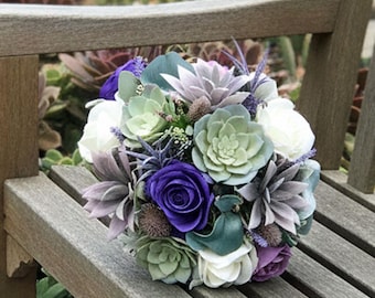 Purple Rose & Succulent Bouquet: Wedding or Prom Flowers - Add Boutonniere Corsage More
