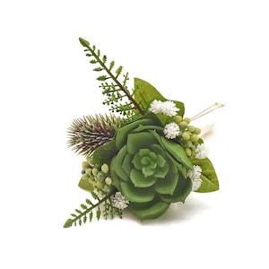 Succulent Boutonnieres - Succulent Boutonniere accented with Fern, Baby's Breath, Seeded Eucalyptus & Thistle