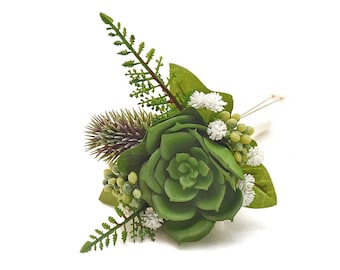 Succulent Boutonnieres - Succulent Boutonniere accented with Fern, Baby's Breath, Seeded Eucalyptus & Thistle