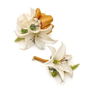 White Rose Tiger Lily Hops Baby's Breath Fern Pearl Wristlet Corsage Boutonniere Prom Set image 1