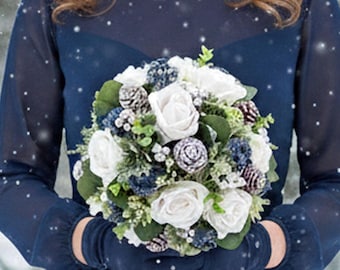 Winter Wedding Bouquet – Faux White Roses, Navy Accents, Frosted Cones - Add Boutonniere Corsage More