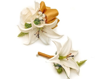 White Rose Tiger Lily Hops Baby's Breath Fern Pearl Wristlet Corsage Boutonniere Prom Set