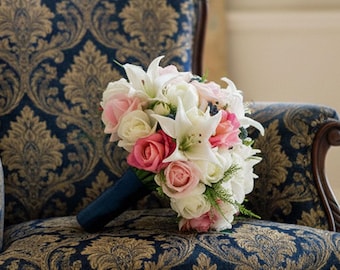 Artificial Wedding Prom Bridal Bouquet: Hot Pink White Navy - Add Corsage Boutonniere More!
