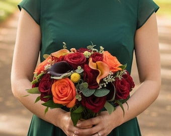 Fall Wedding Bouquet - Orange, Plum & Burgundy Artificial Flowers Add Boutonniere Corsage Cake Flowers More