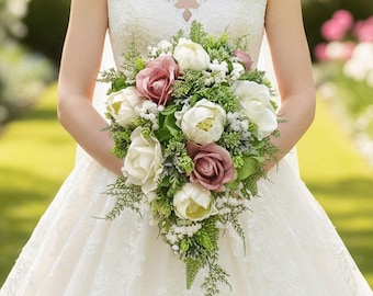 Real Touch Ivory Rose Cascade Bouquet - Add Corsage Boutonniere Flower Crown More