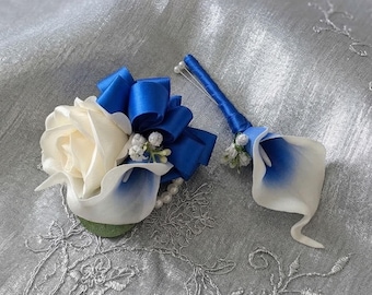 Royal Blue Rose Boutonniere and Calla Lily Corsage Set Prom Wedding Flowers