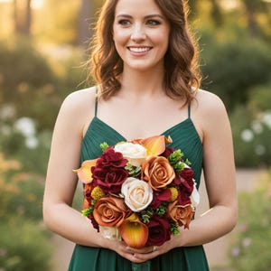 Artificial Burgundy Ivory Orange Wedding Bouquet Bridal Prom Flowers - Add Boutonniere Corsage