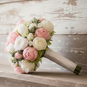 Blush Pink White Rose Peony Bridal Prom Bouquet - Add Boutonniere Corsage Flower Crown More