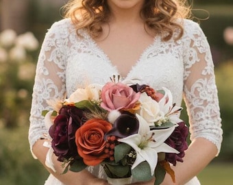Fall Bridal Bouquet: Ivory Lily, Plum Rose, Wedding Prom Flowers - Add Boutonniere Corsage More