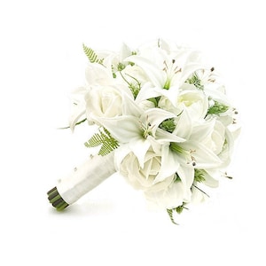 Real Touch Artificial White Ivory Tiger Lily Peonies Roses Hops Bridal Cascade Bouquet Bridesmaids Bouquets Prom Wedding Flowers Centerpiece image 1