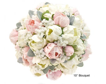 Real Touch Artificial White Blush Pink Peonies Babys Breath Bridal Cascade Bouquet Bridesmaids Bouquets Prom Wedding Flowers Centerpieces