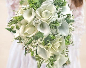 Real Touch Artificial White Ivory Rose Calla Lily Hops Babys Breath Cascade Bridal Bridesmaids Wedding Bouquet Prom Centerpiece Arrangement