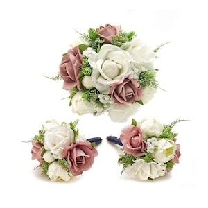 Real Touch Artificial White Ivory Mauve Roses Bridal Cascade Bouquet Bridesmaids Prom Bouquet Wedding Flowers Corsage Boutonniere