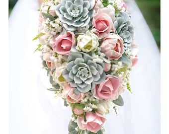 Real Touch Artificial White Ivory Pink Peony Rose Babys Breath Succulent Cascade Bridal Bridesmaids Wedding Bouquet Prom Flower Centerpiece