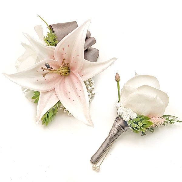 White Rose Blush Tiger Lily Hops Fern Pearl Wristlet Corsage Boutonniere Prom Set