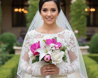 White Rose Orchid Wedding Prom Bouquet, Fuchsia Accents - Add Boutonniere Corsage Flower Crown