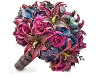 Real Touch Artificial Peonies Navy Plum Burgundy Roses Tiger Lilies Bridal Bridesmaids Bouquets Prom Cascade Bouquet Wedding Arch Flower