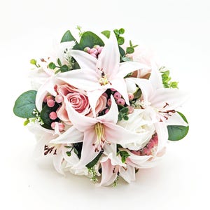 Blush Tiger Lily Rose Bridal Bouquet Eucalyptus Prom Wedding Flowers Add Bridesmaids Bouquet Flower Crown Boutonniere Corsage Cake Flowers
