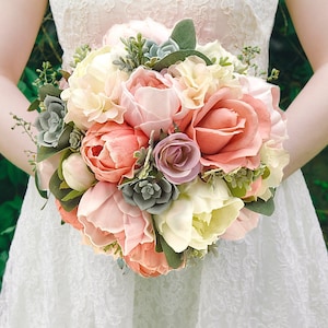 Real Touch Artificial Peonies Coral Pink White Rose Succulent Bridal Bouquet Bridesmaids Bouquets Prom Cascade Wedding Flower CenterPiece