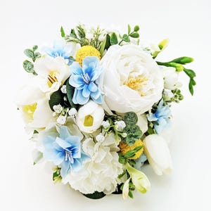 Faux Bridal Bouquet in Yellow White Blue - Freesia Carnation Eucalyptus Bridal Bridesmaids Bouquets Prom Cascade Bouquet Boutonniere Corsage