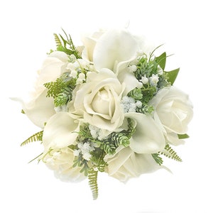 Real Touch Artificial Bridal Bridesmaids Wedding Bouquet Prom Bouquet White Ivory Rose Calla Lily Hops Baby&#39;s Breath Boutonniere Corsage