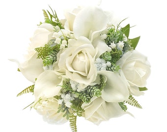 Real Touch Artificial Bridal Bridesmaids Wedding Bouquet Prom Bouquet White Ivory Rose Calla Lily Hops Baby&#39;s Breath Boutonniere Corsage