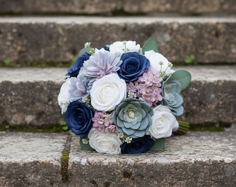 White Lavender Navy Bridal Prom Wedding Bouquet: Succulents, Roses, Peonies - Add Boutonniere Corsage More