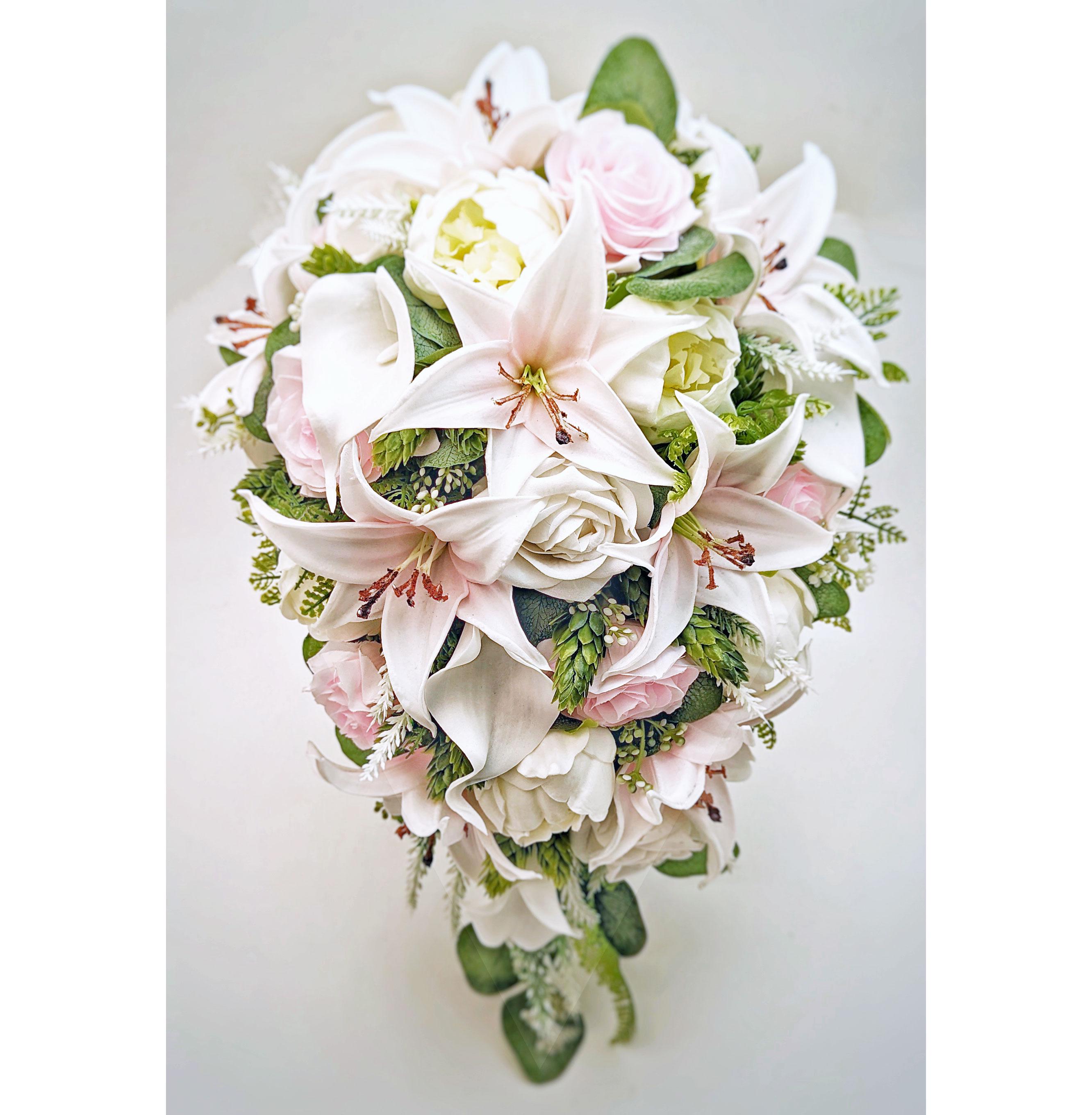 Real Touch Artificial White & Blush Tiger Lily Peonies Roses Hops Bridal Cascade Bouquet Bridesmaids Bouquet Prom Wedding Flower Centerpiece