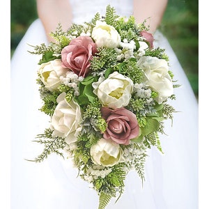 Real Touch Artificial White Ivory Rose Peony Hops Babys Breath Cascade Bridal Bridesmaids Wedding Bouquet Prom Bouquet Centerpiece Flowers