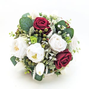 Burgundy Bridal Bridesmaid Prom Bouquet Faux Artificial Burgundy Roses White Garden Roses Eucalyptus Green Berries Add Boutonniere Corsage