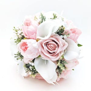 Real Touch Artificial Pink Peonies White Calla Lily Babys Breath Bridal Bouquet Bridesmaids Bouquets Prom Cascade Wedding Flower Centerpiece