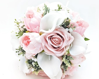 Real Touch Artificial Pink Peonies White Calla Lily Babys Breath Bridal Bouquet Bridesmaids Bouquets Prom Cascade Wedding Flower Centerpiece