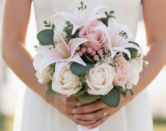 Blush Tiger Lily & Rose Wedding Bouquet with Eucalyptus - Add Boutonniere Flower Crown Corsage More