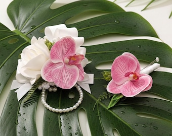 White Rose Fuchsia Orchid Pearl Wrist Corsage Boutonniere - Prom Wedding Homecoming Set